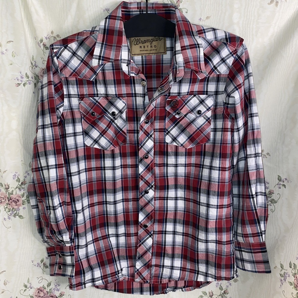 Wrangler Retro Western Shirt Boy Snap Button Long Sleeve Sawtooth Pocket M